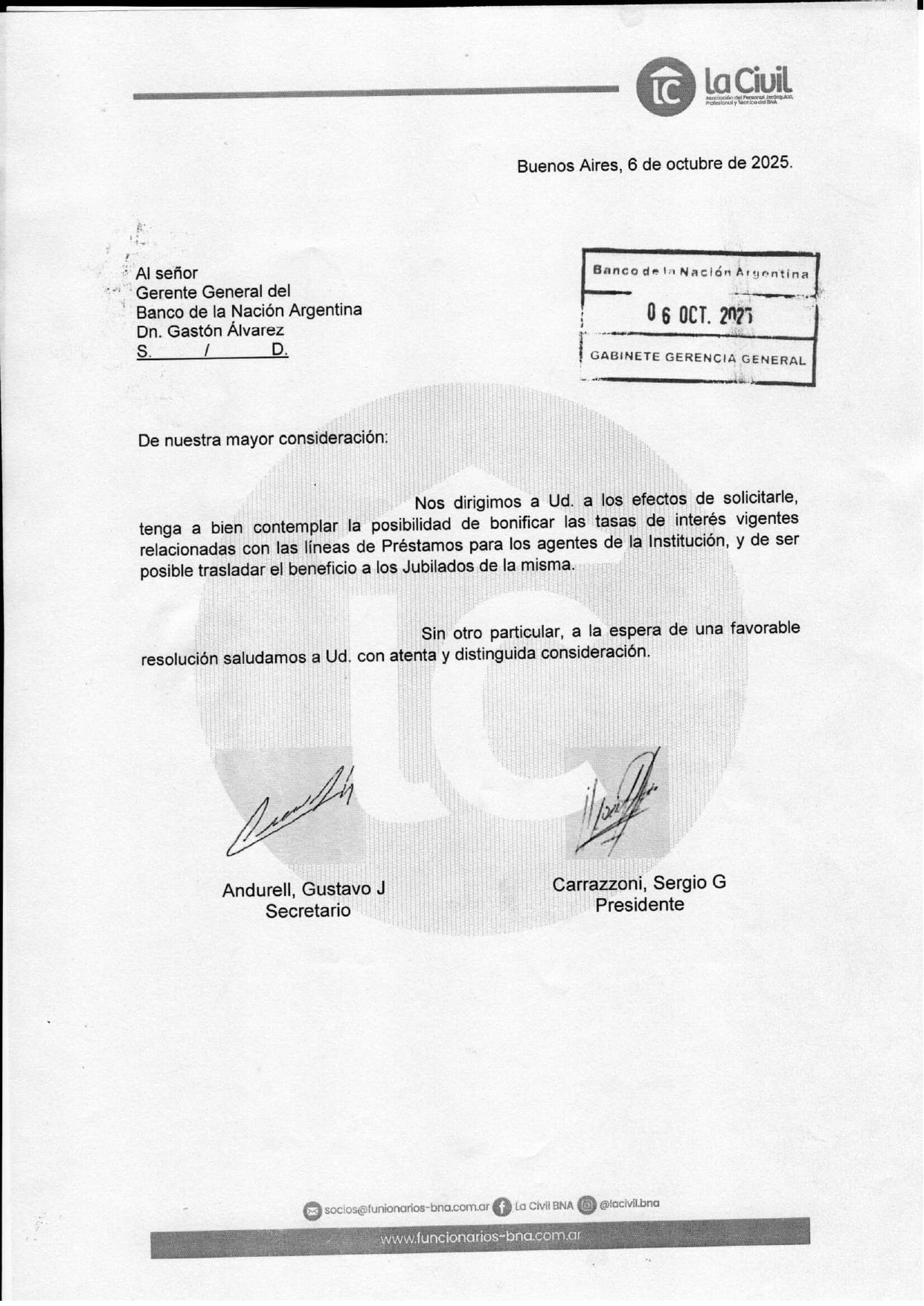 Nota al Sr. Gerente General del BNA