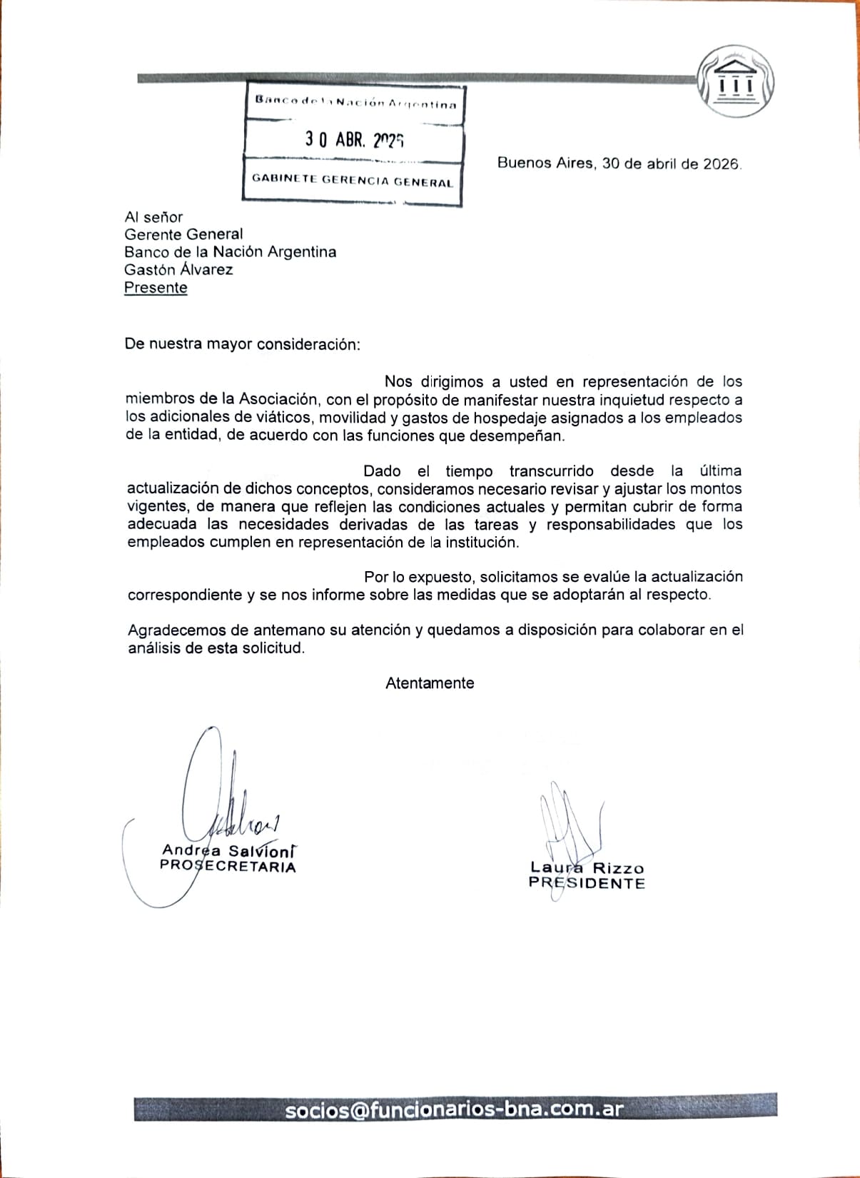Nota a Gerencia General - Movilidad y viáticos.
